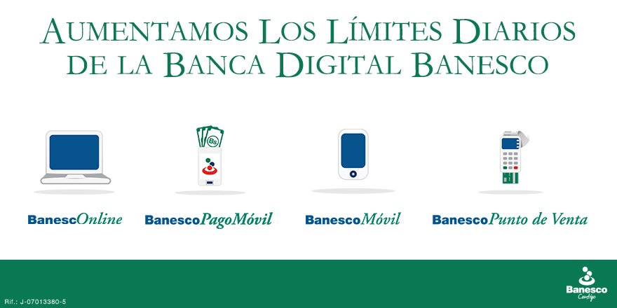 Banesco's tweet photo. ¡Aumentamos nuestros límites diarios! BanescOnline a Bs.S 250.000, BanescoMóvil a Bs.S 80.000, Banesco PagoMóvil a Bs.S 30.000 y Puntos de Venta Banesco a Bs.S 100.000. #BanescoContigo https://t.co/vrcFcJjm2v https://t.co/oOHjWTYfjR