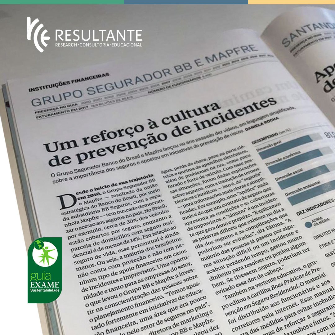 Resultante_sp's tweet photo. Comemoramos a conquista do Grupo Segurador BB e Mapfre, premiados pelo Guia Exame de Sustentabilidade! Um de seus projetos, a Cartilha de Boas Práticas de Prevenção em Seguro Residencial, contou com a consultoria técnica da Resultante. https://t.co/zi9k7WQEV8