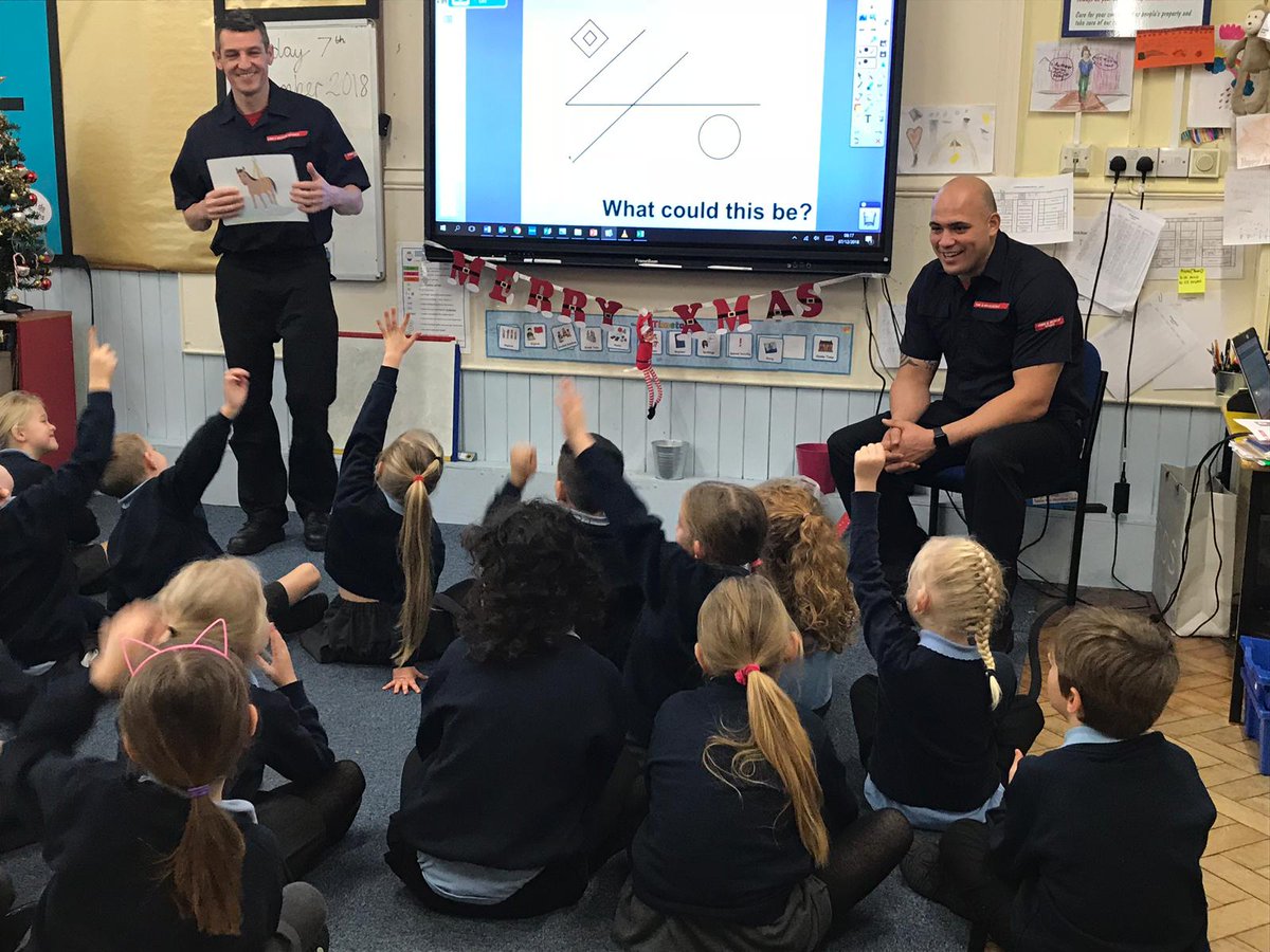 BANES_Fire's tweet photo. Red watch on duty today, we have had the pleasure of visiting St. John primary school PSJ today. Great fun educating the children & lovely to hear all about their school project on the great fire of London #education #alwayslearning #yestoucan https://t.co/85yZQxAo9O