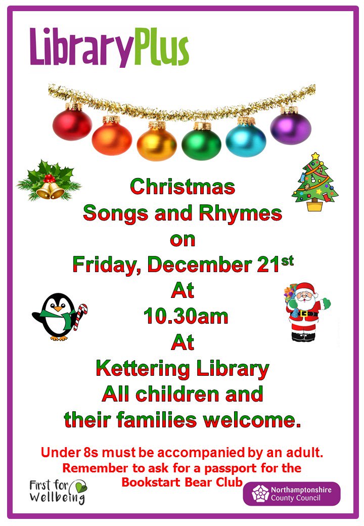 Library_Plus's tweet image. #Christmas songs and rhymes Friday 21 December 10.30am at #KetteringLibrary
All children and their families welcome. Join us for some festive cheer!