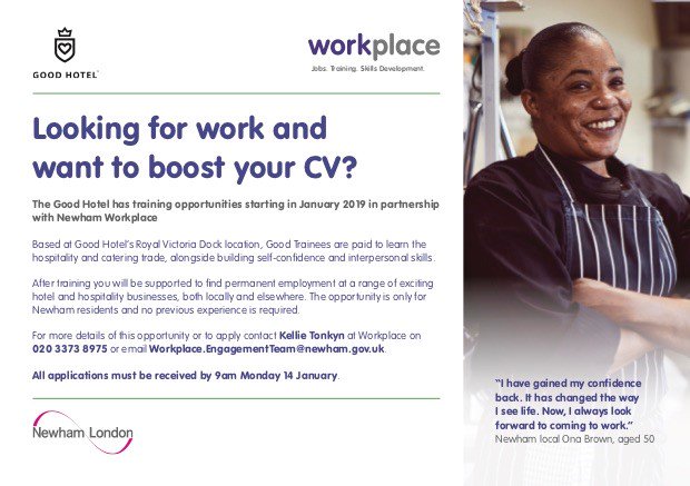 GoodHotelLondon's tweet photo. We have launched a local ad campaign with our partner @NewhamWorkplace. We identify people who have been in long-term unemployment and offer them paid-training. If you know someone who could benefit from this, or if you have space where we can advertise, please get in touch! https://t.co/oftX5pLBEo