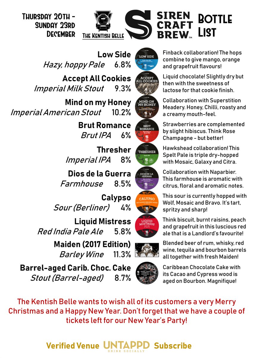 thekentishbelle's tweet photo. Not that we're counting, but there's only 13 days left until "The 12 Beers of Christmas" with @SirenCraftBrew! Here's the full cask and bottle list for Thursday 20th!

Oh, and RT this and one lucky winner will receive a Siren T-Shirt, Pint glass and bottle opener ;)! https://t.co/3Ja4mXzu1H