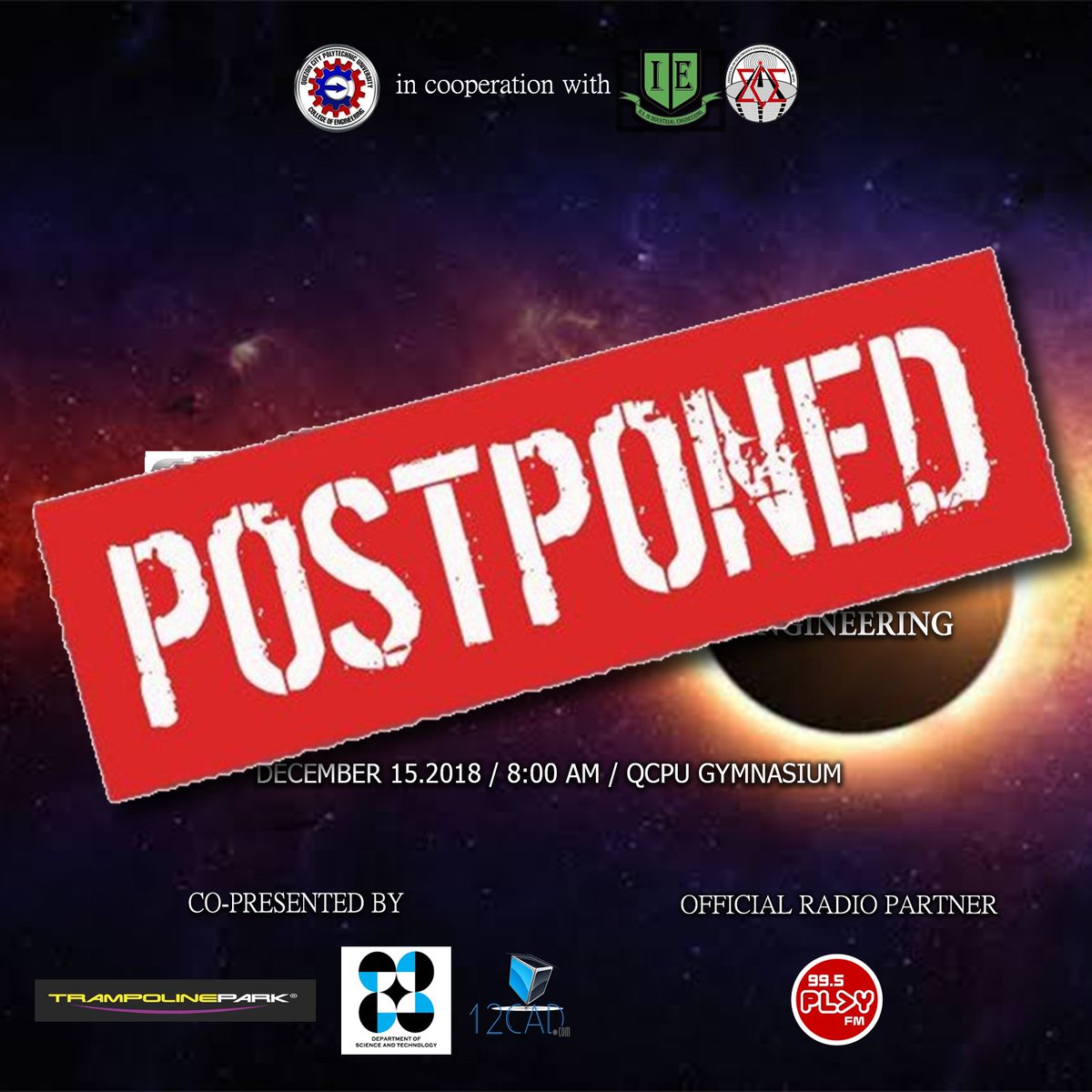 iecepqcu's tweet photo. UPDATE: Due to some circumstances, TRANSCEND: Outstrip the Intensity of Today's Engineering will be postponed. We are very sorry for the inconvenience. 

Best of luck guys! Thank you. 

#QCPUTranscend2018
#CollegeOfEngineering
#IExECE https://t.co/dIiPWaJUS9