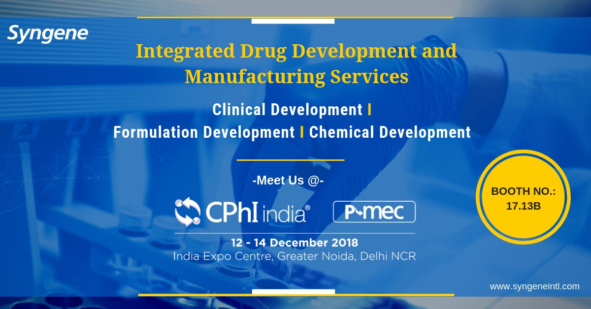 SyngeneIntl's tweet photo. Meet our experts @CPhIIndia 2018 conference and learn about our integrated drug development and manufacturing services. Click https://t.co/PBzCqkSfSb to book an appointment.
#CRO #biopharma #chemicaldevelopment #CMC #formulationdevelopment #Cphiindia #clinicaldevelopment #BABE https://t.co/XEszvcdcdp