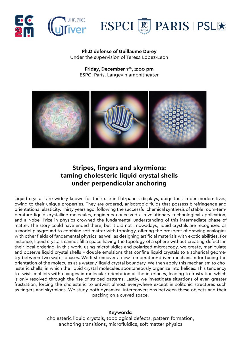 Superbes images de science !
<a href="/g_durey/">Guillaume Durey</a> #ESPCIAlum, co-fondateur <a href="/LeprojetLu/">Le projet Lutétium</a> &amp; <a href="/ProCyon_PSL/">ProCyon</a>, soutient sa thèse dirigée par <a href="/T_LopezLeon/">Teresa Lopez-Leon</a> @EC2M_lab <a href="/ESPCI_Paris/">ESPCI Paris - PSL</a> <a href="/psl_univ/">Université PSL</a>
Sagace, pédagogue, astucieux, véloce, profond.
Maîtrise totale du sujet, dans un anglais fluide &amp; parfait.
Bravo!