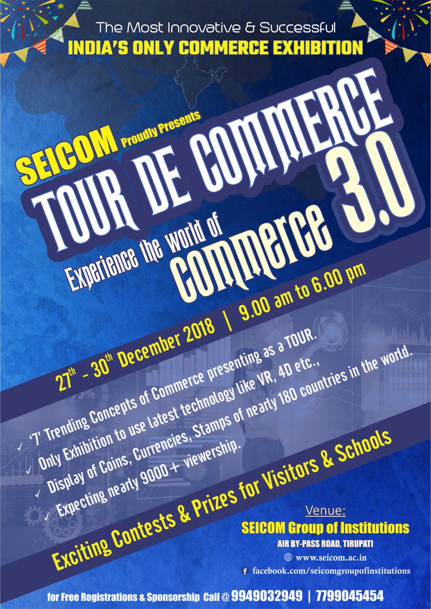 SEICOM15's tweet photo. @JP_LOKSATTA Sir please visit our innovative event INDIA'S ONLY COMMERCE EXHIBITION #TOURDECOMMERCE held by #SEICOMGROUPOFINSTITUTIONS the only private degree college with 38 years of excellence in the field of commerce at #tirupathi. Please visit for a wonderful experience. https://t.co/DIH6kq9RNm
