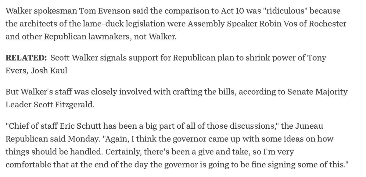 Walker says he had nothing to do with the #WIPowerGrab, is immediately contradicted by the Senate Majority Leader, who says Walker's Chief of Staff was 'a big part' of the process. eu.jsonline.com/story/news/pol…