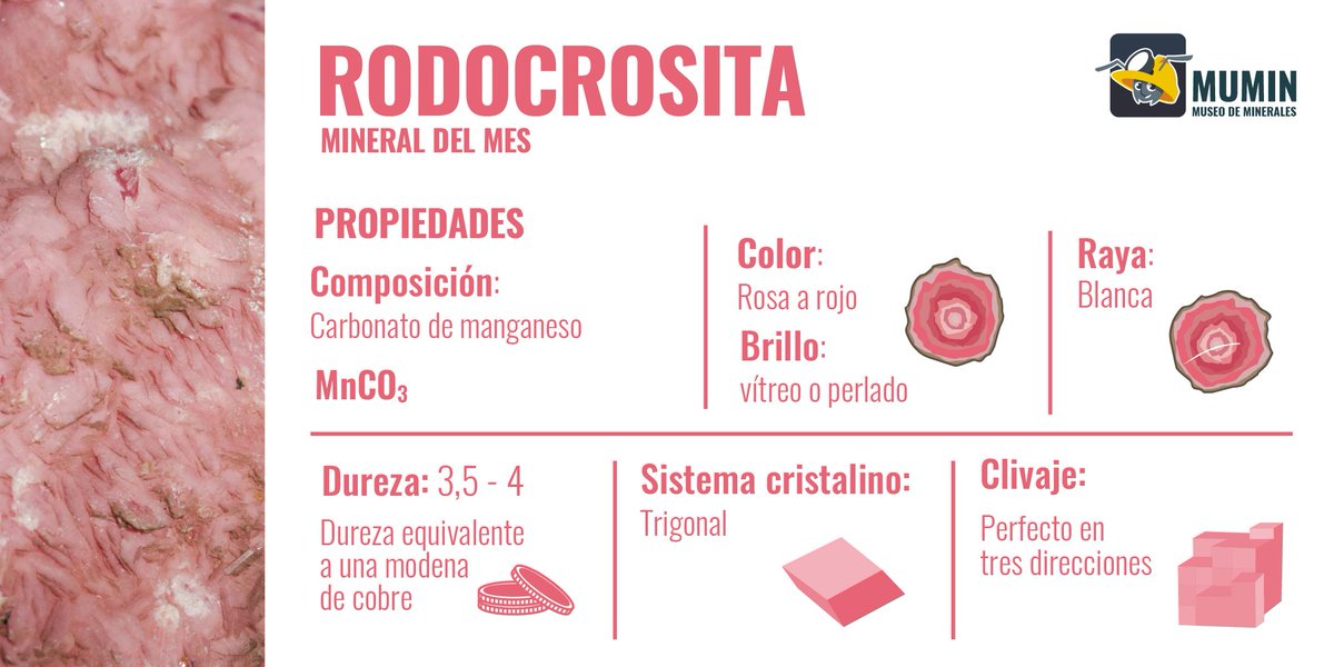 MuseoMumin's tweet photo. Mineral del mes: Rodocrosita
#MineraldelMes #Minerales #MuseoMumin #curiosidades #Rododcrosita #Geología #Geology #Rhodochrosite #PiedraNacionalArgentina #Argentina #Rosa #RosadelInca #Mineral #SabiasQue #Propiedades #Carbonato #Magnaneso #Trigonal #clivaje #dureza https://t.co/OYy8YN7hZZ