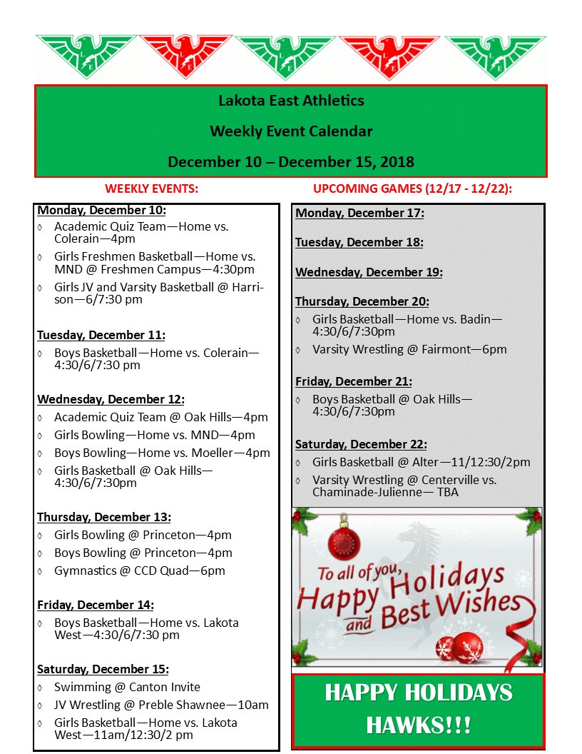 Athletics calendar for Dec. 10-15. Go Hawks! <a href="/EAST_HAWKS/">Lakota East High</a> @THawkAD
