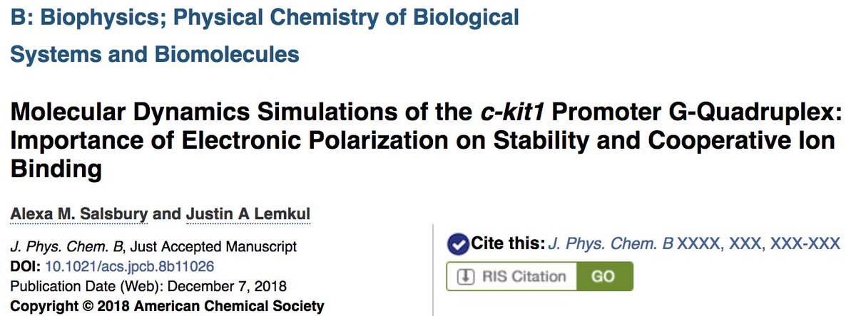 JustinLemkulVT's tweet photo. And another one! @asalsbur with her first paper from our lab - new insights into G-quadruplex electronic structure properties and ion interactions using the #Drude force field, published in @JPhysChem https://t.co/c2FvaMe5Er https://t.co/KztVDRxQpd