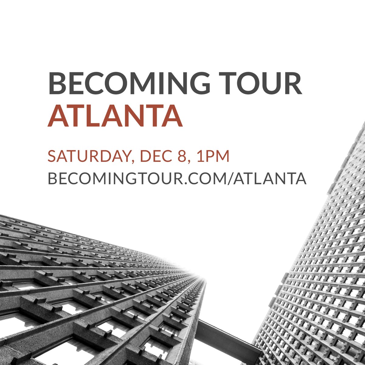 Atlanta folks! I'll be in town giving a talk, answering questions, signing books, &amp; divvying out hugs/handshakes tomorrow (Sat, Dec 8). Would love to see you there if you can make it out: tickets &amp; info at becomingtour.com/atlanta