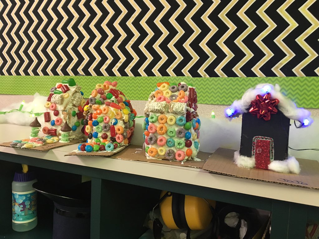 Getting into the Holiday Spirit in Ms. K’s class with gingerbread houses at @rockenbaughES #creativecrafting
