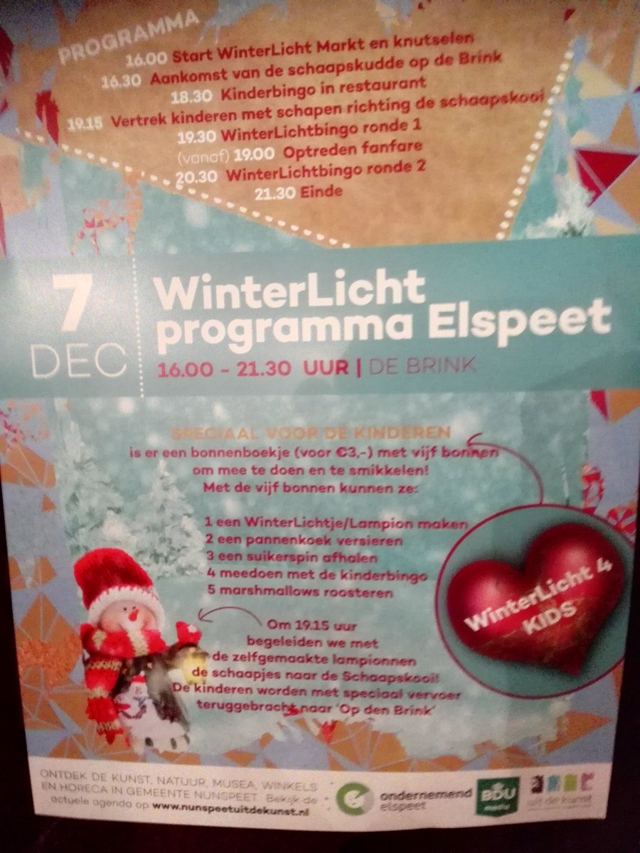 Winterlicht in Elspeet op de Brink. Kerstsfeer en gezellig in overdekte markt midden op de Brink. Volop activiteiten voor kinderen.Zie flyer. <a href="/DeBand/">Levertraan de Band</a>