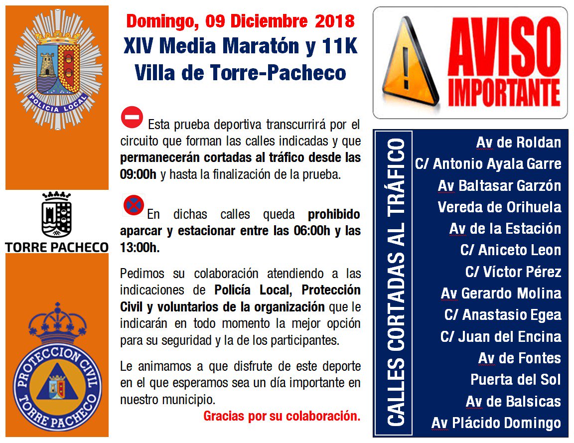 Con motivo de la XIV Media Maratón Villa de Torre Pacheco diferentes calles y avenidas del municipio permanecerán cerradas al tráfico durante la prueba deportiva el próximo domingo. 22.00h Informativo Canal 1 Mar Menor-TP