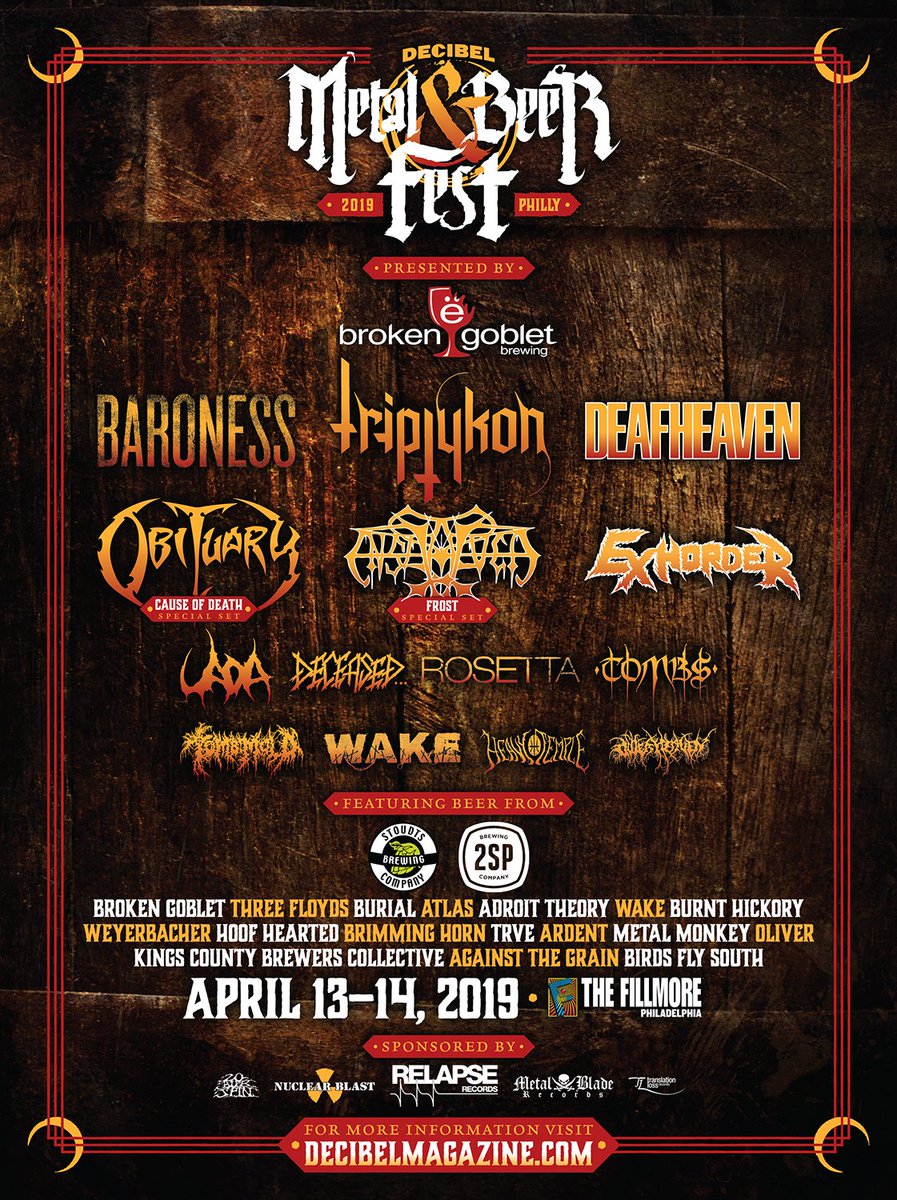 .<a href="/Triptykon/">Triptykon (Official)</a>, #Uada, <a href="/TOMBS666/">TOMBS</a> added to final lineup of Decibel Metal &amp; Beer Fest: Philly 2019. Schedule reveled. All ticket options on sale now! decibelmagazine.com/2018/12/07/tri… #dBmbf #craftbeer #beerfest #metalfest