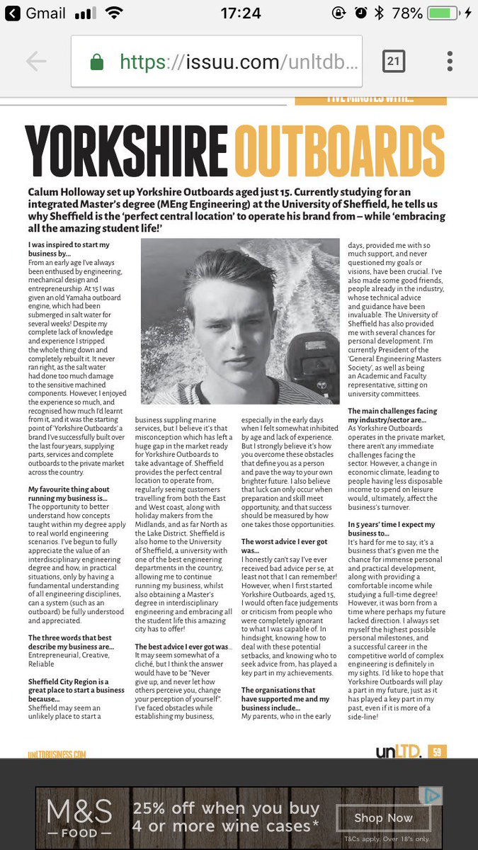 GenEngShef's tweet image. Brilliant article featuring 2nd Year student Calum in Dec issue of unLTD magazine! @unLTDbusiness @sheffielduni #FacultyofEngineering #MEngEngineering #SheffieldBusiness