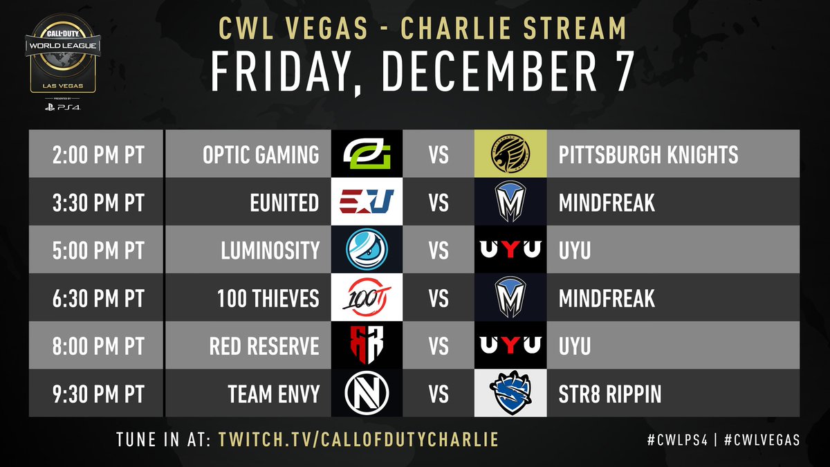charlieINTEL's tweet photo. Day 1 of the #CWLPS4 Vegas event begins at *2PM PT* / 5PM ET! 

Here’s a look at the schedule for today. Watch LIVE at: https://t.co/vcHm8V9QW9 https://t.co/p5KupI5rPj