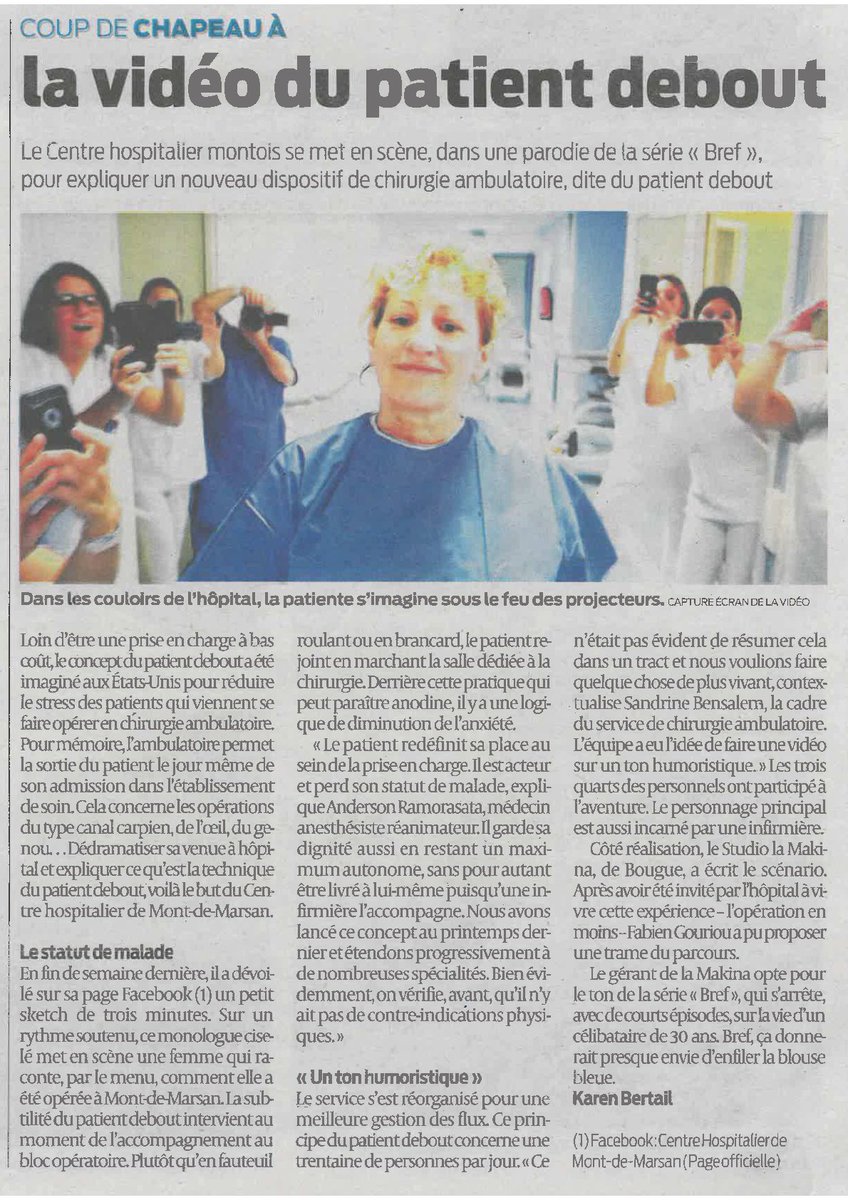 CH_MontdeMarsan's tweet photo. Coup de chapeau à la vidéo du #patientdebout
L'équipe de chirurgie #Ambulatoire mit à l'honneur par @SO_Landes hier suite à sa parodie de @bref avec #StudiolaMakina pour promouvoir le fait d'aller du service au #blocopératoire en marchant 
Encore bravo !! https://t.co/YNRLiMz72j