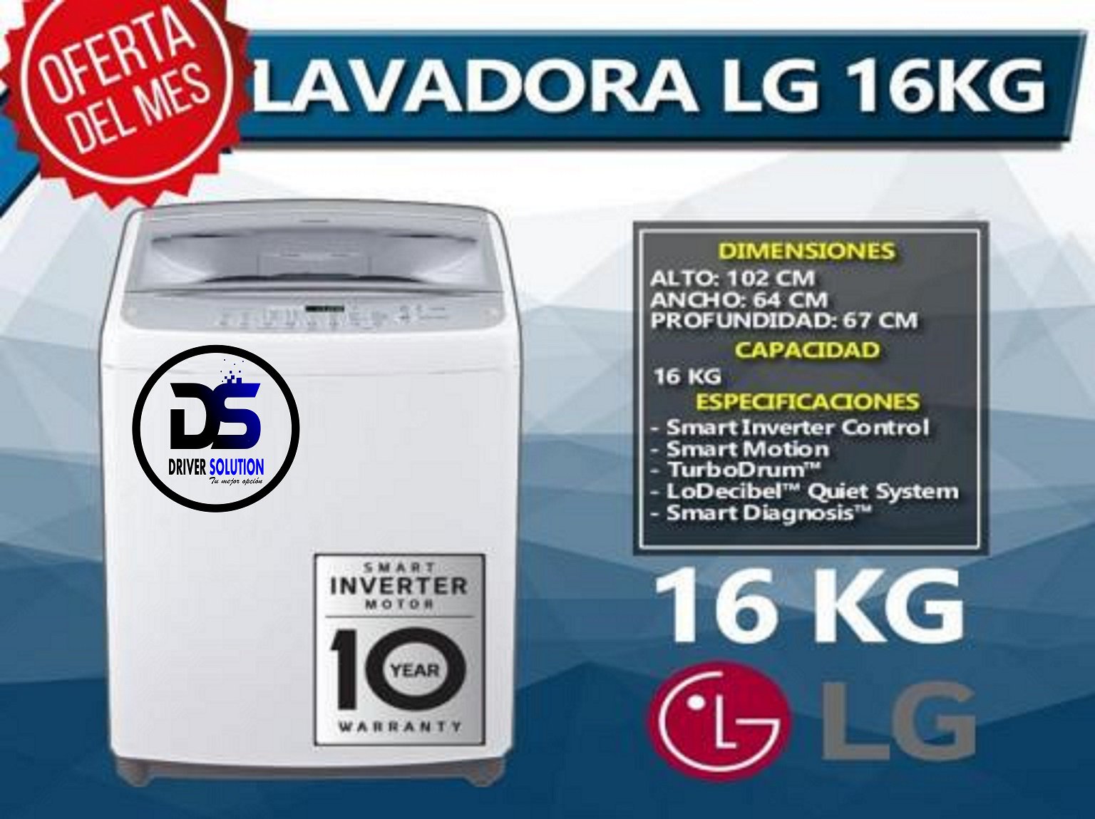 LG Lavadora Carga Superior Smart Inverter con TurboDrum 16 Kg