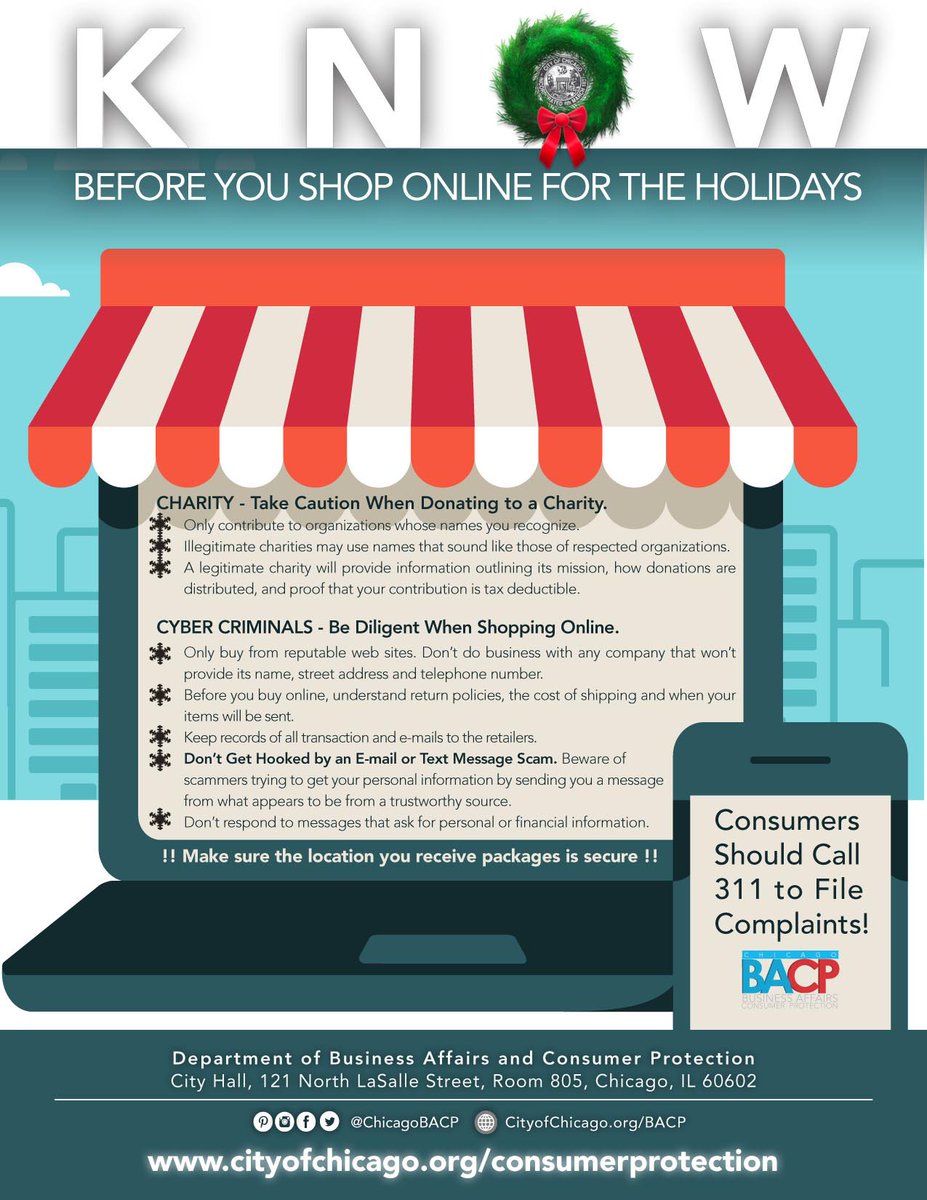 ChicagoBACP's tweet photo. During #HolidayShopping keep these consumer protection tips in mind when adding items to your online shopping cart!
#chicagoconsumer #consumerprotection #onlineshopping https://t.co/kdhIWPbCzA