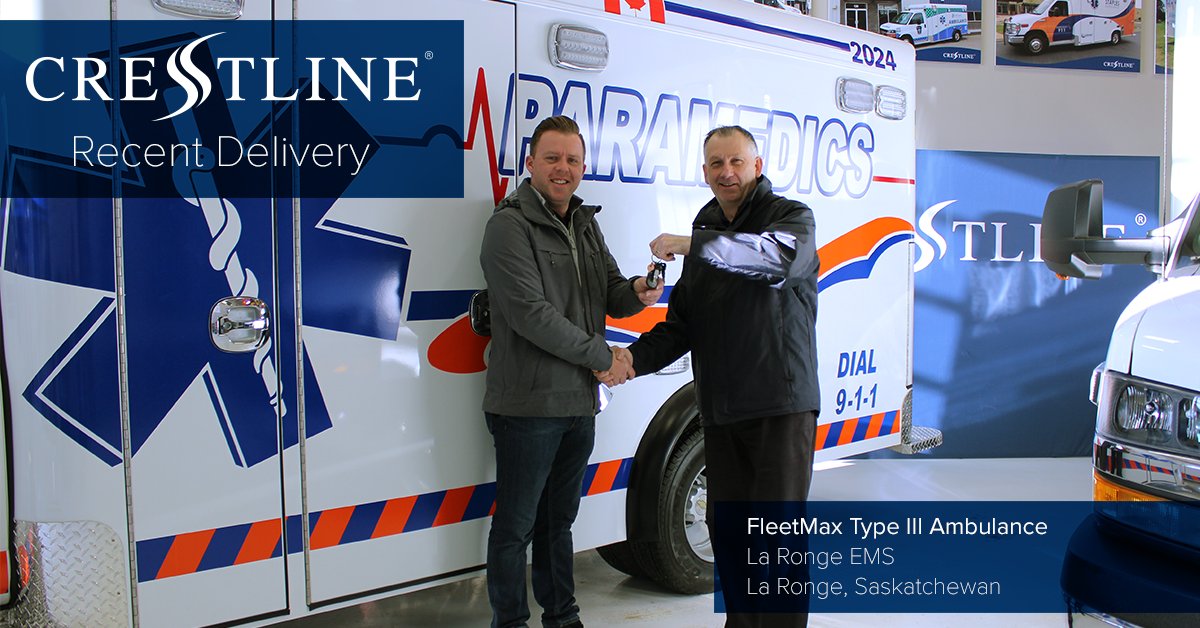Corey Ecarnot from  <a href="/LaRongeEMS/">La Ronge EMS</a>  driving into the weekend like a boss with their brand new Crestline FleetMax, after our own Matt Gibson hands off the keys. Congratulations! For more information on the FleetMax visit: ow.ly/Kmp530mUiXe #weekends #ambulances #crestlinecoach