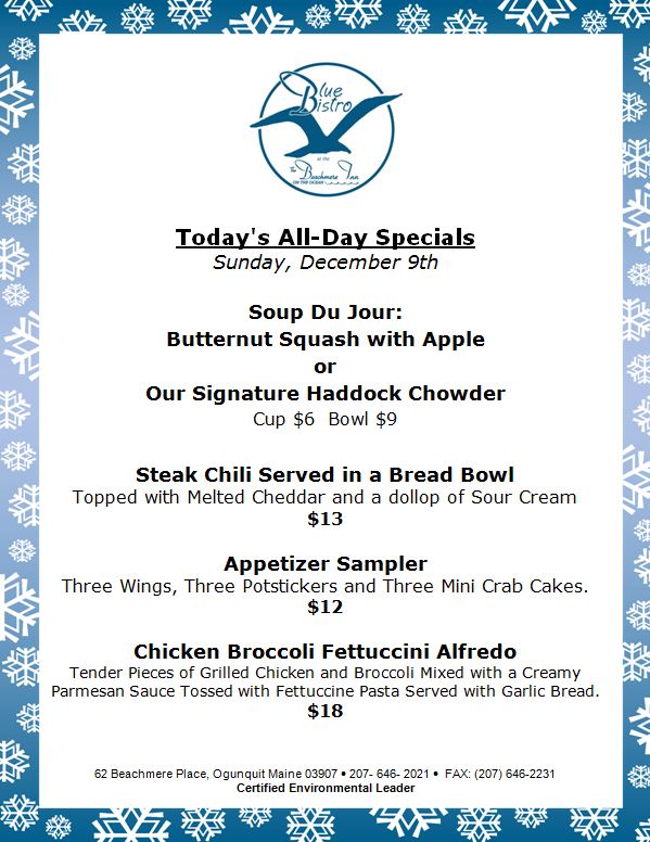 BeachmereInn's tweet photo. Sunday specials for the BIstro.  Join us for the Patriots Game at 1 or listen and unwind to @lexandjoe  playing from 5-8pm. #Ogunquit, #ogunquitMaine https://t.co/RHZiP4s5vF