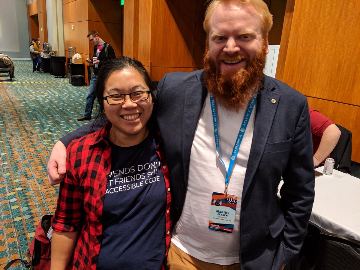 bph's tweet image. Such bright smiles warm your heart! WordPress community builders Jenny Wong  @miss_jwo WordCamp organizer and Marius Jensen  @ClorithMJ lead support volunteer #WordPress #WCUS #commbuild