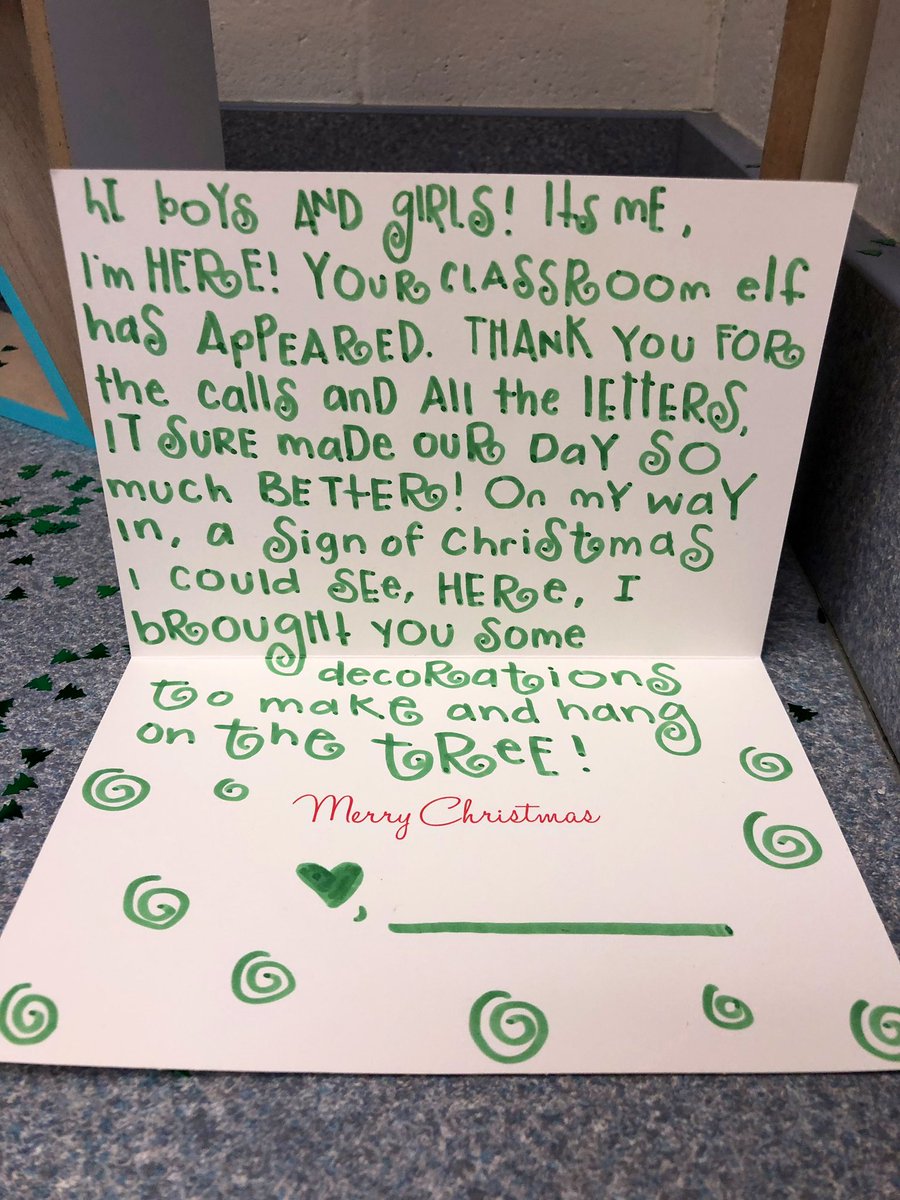 MrsDavis618's tweet photo. The kiddos were so excited to see that their letters about how they would make the classroom a happy place got so Santa! Now we have our own classroom Elf! We named him waffles 😍 https://t.co/iBLzRdLOFS