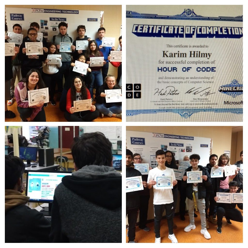 Durfee_CTE's tweet photo. Ms Black's Engineering class shows off their Hour of Code certificates -- Masters of Dance Party - Mine Craft -- helping each other towards mastery. #STEM @frps_durfee @frpsinfo https://t.co/Tjs86dkUCZ