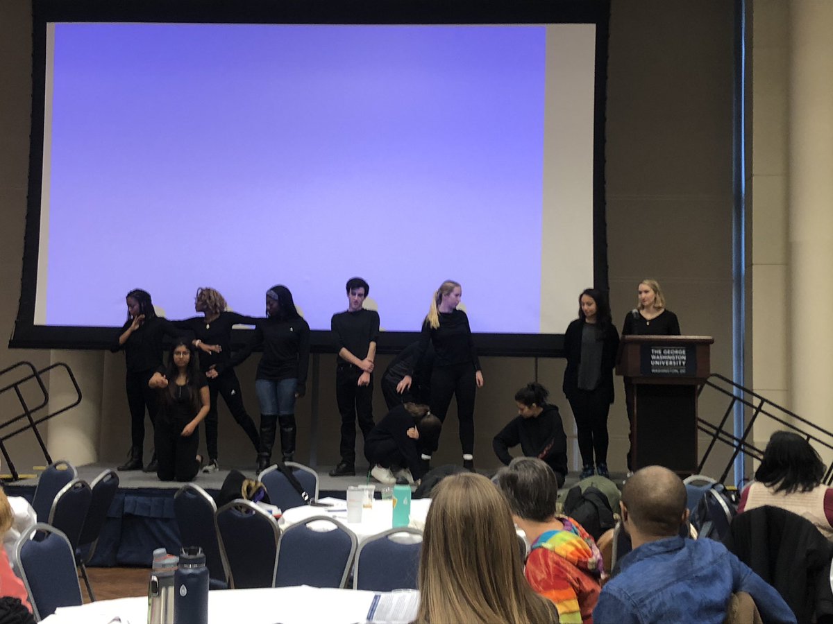 GWPeterK's tweet image. Loved 💛💙 the #GWU “living sculpture” @CorcoranGW @GWUTRDA Students created. This piece &amp;amp; the accompanying scenes your students developed evoked so many emotions through this creative, community-based effort. #Love #Fear #Alienation #Conflict #Belonging #Home #SymposiumGW