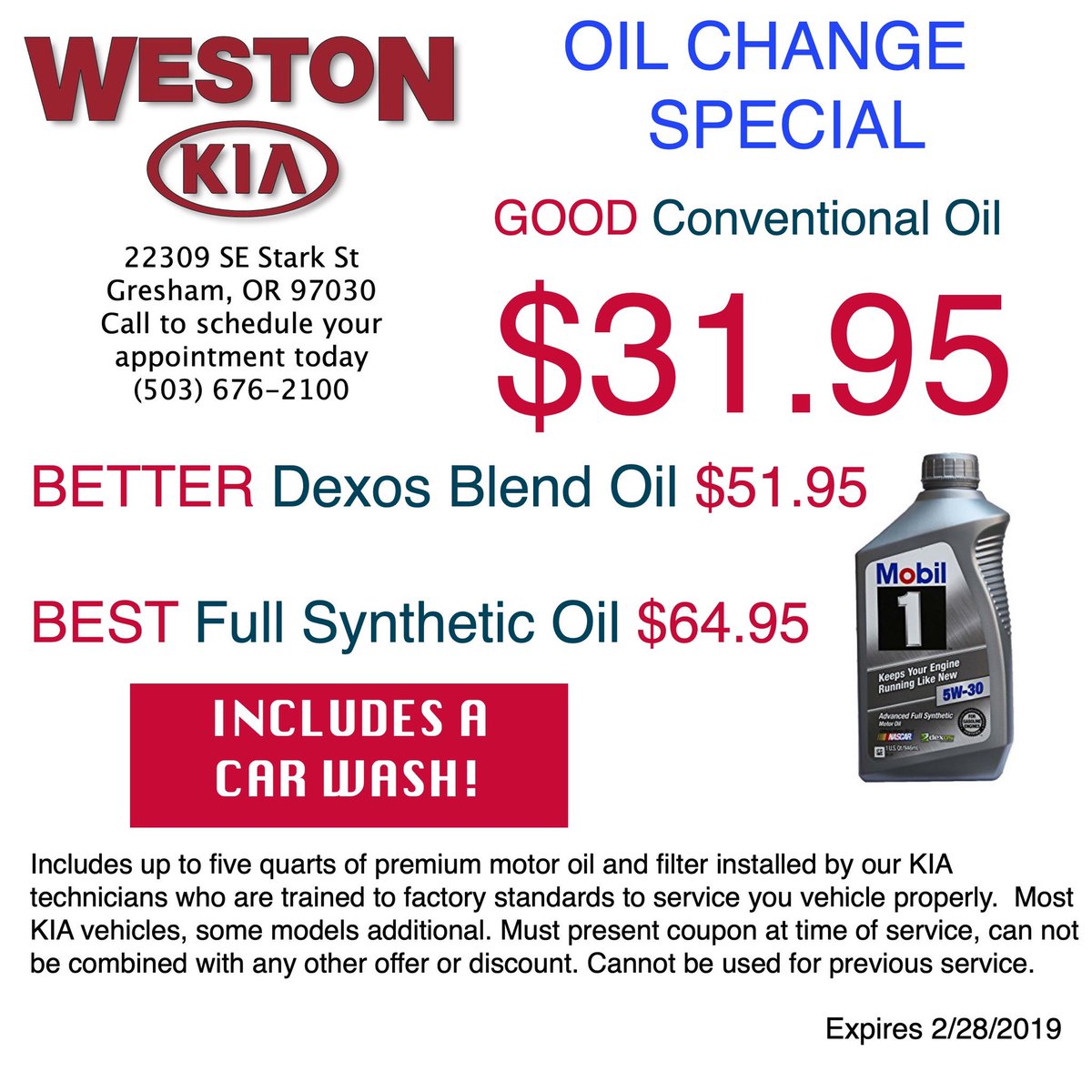 Show this post when you bring you vehicle in. 
#EveryoneWinsAtWeston
#WestonKIA
22309 SE Stark St
#Gresham #Oregon
(503) 676-2100
#FreeCarWash #OilChange
#OilChangeSpecial #PDX
#Portland #Vancouver