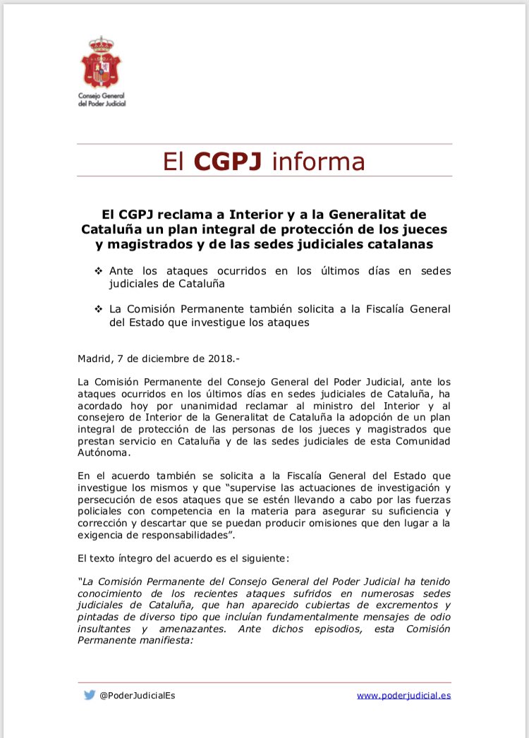 PoderJudicialEs's tweet photo. El @PoderJudicialEs reclama a Interior y a la Generalitat de Cataluña un plan integral de protección de los jueces y de las sedes judiciales y solicita a la Fiscalía que investigue los ataques a Juzgados catalanes https://t.co/7usNVPElT4