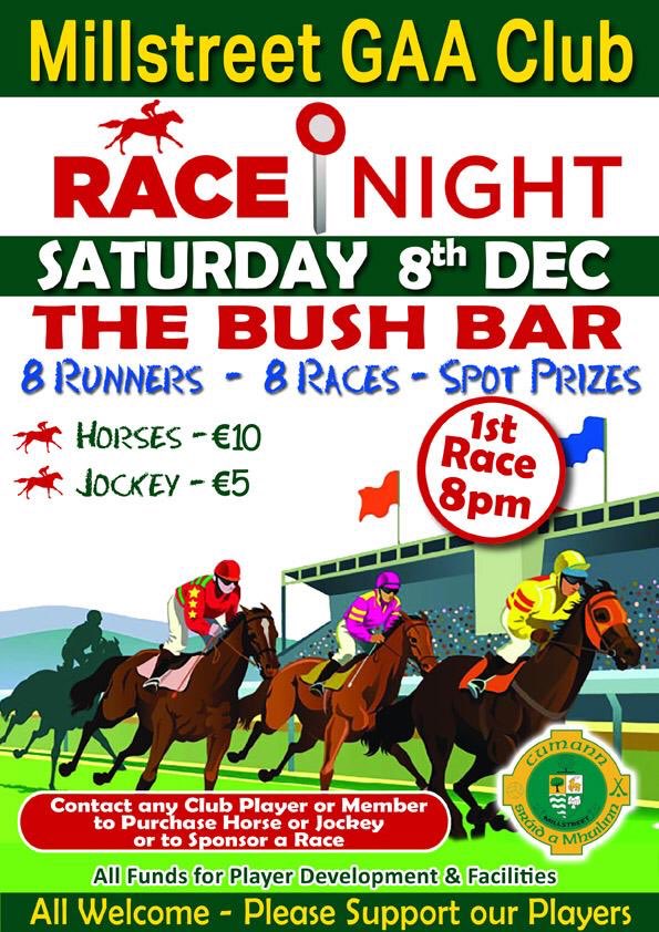 MillstreetGaa's tweet photo. Declarations are in for our first race tomorrow night: It’s the local horses up first! 8.00 in the Bush Bar!#WinnerAlright https://t.co/vIsAYoAOy5