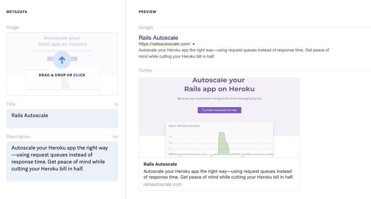 adamlogic's tweet image. I was clueless about the meta tags needed for social previews in Twitter, Facebook, Slack, etc. Thanks @mijustin for recommending metatags.io. Such an awesome tool!

Now railsautoscale.com will be beautiful everywhere you share it. 😉