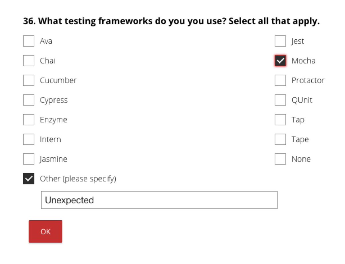 b0neskull's tweet image. Mocha uses @unexpectedjs for its own tests.  try it dammit!

#stateofjavascript #npm #javascript #nodejs #mochajs #testing