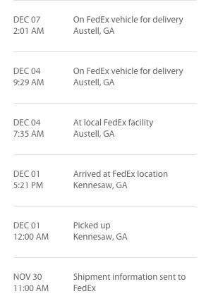 a_davidson14's tweet photo. If I had the level of urgency & customer service as @FedEx does, I’d be one broke sales rep living on the street. Kennesaw is 45 minutes from my house, so naturally it takes a week to arrive. #shame #whereismystuff #boycotFedEx https://t.co/22gqI6KFxr