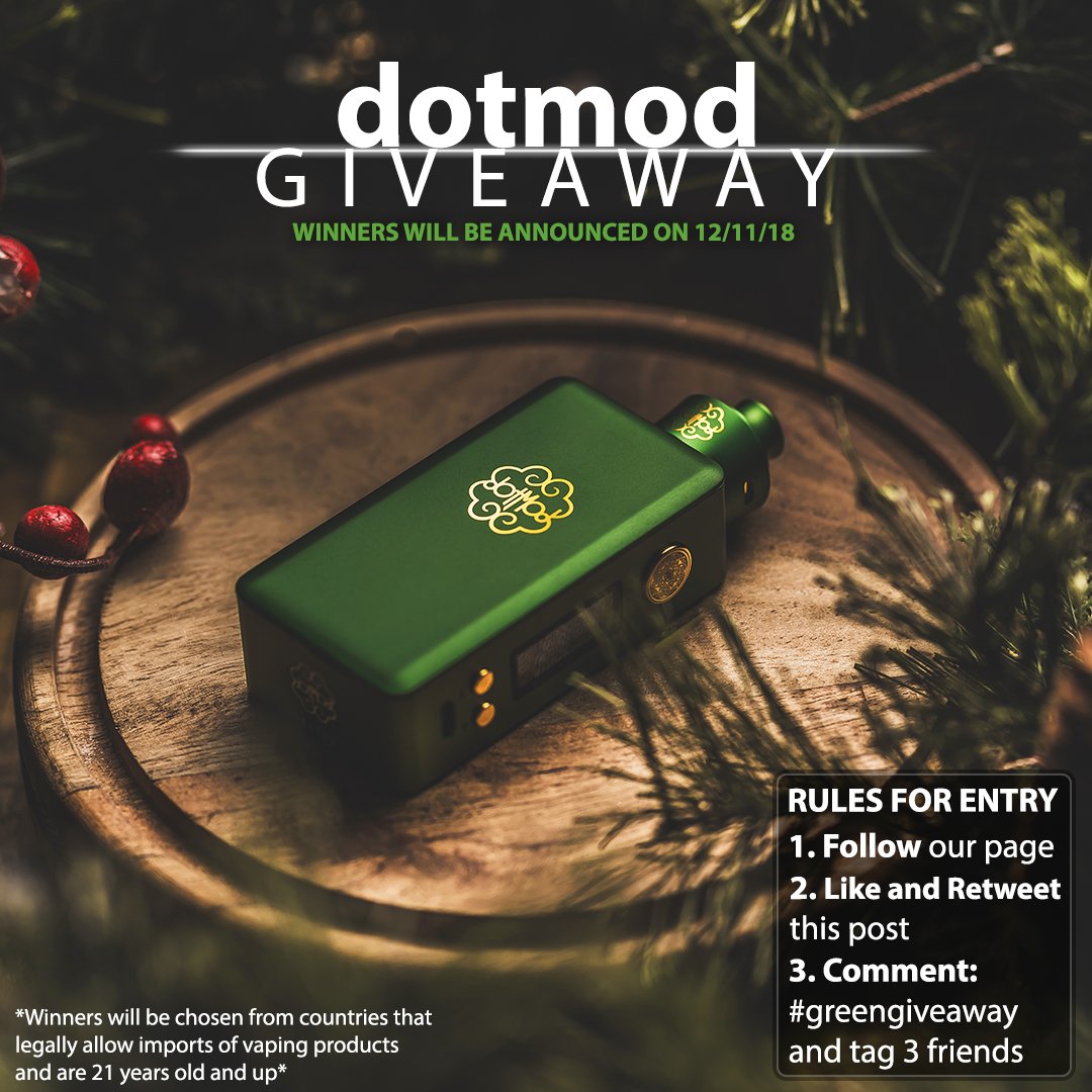 dotmod's tweet photo. Green Giveaway! 💚💚💚 

3 LUCKY WINNERS 🤠🤩🥳
dotBox 75w + dotRDA Single Coil + Beanie 

HOW TO ENTER:
1️⃣Follow our page
2️⃣Like and Retweet this post 👍🔄
3️⃣Comment: #greengiveaway and tag 3 friends 😎🤓🤡

📸: cleanbuilds
🌐: https://t.co/RQnPaOUx0L

#dotmod #vape #Giveaways https://t.co/8BIChElqEI
