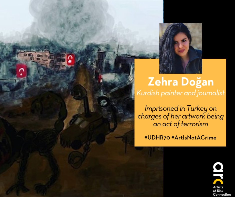 Kurdish artist @zehradoganjinha, imprisoned in Turkey, is denied access to painting materials. She continues to write and paint, often using her own blood. Many, including Banksy, have joined us in calling for her release. bit.ly/ZehraDogan #ArtIsNotACrime #UDHR70