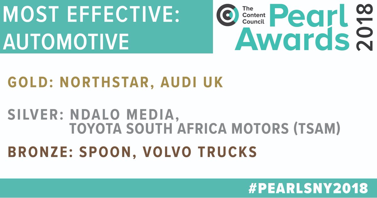 Most Effective: Automotive Congratulations <a href="/thisisnorthstar/">Northstar</a>, <a href="/AudiUK/">Audi UK</a>, <a href="/Ndalo_Media/">Ndalo Media</a>, <a href="/ToyotaSA/">@ToyotaSA</a>, <a href="/spoon_content/">Spoon</a>, <a href="/VolvoTrucks/">Volvo Trucks</a>. #PearlsNY2018