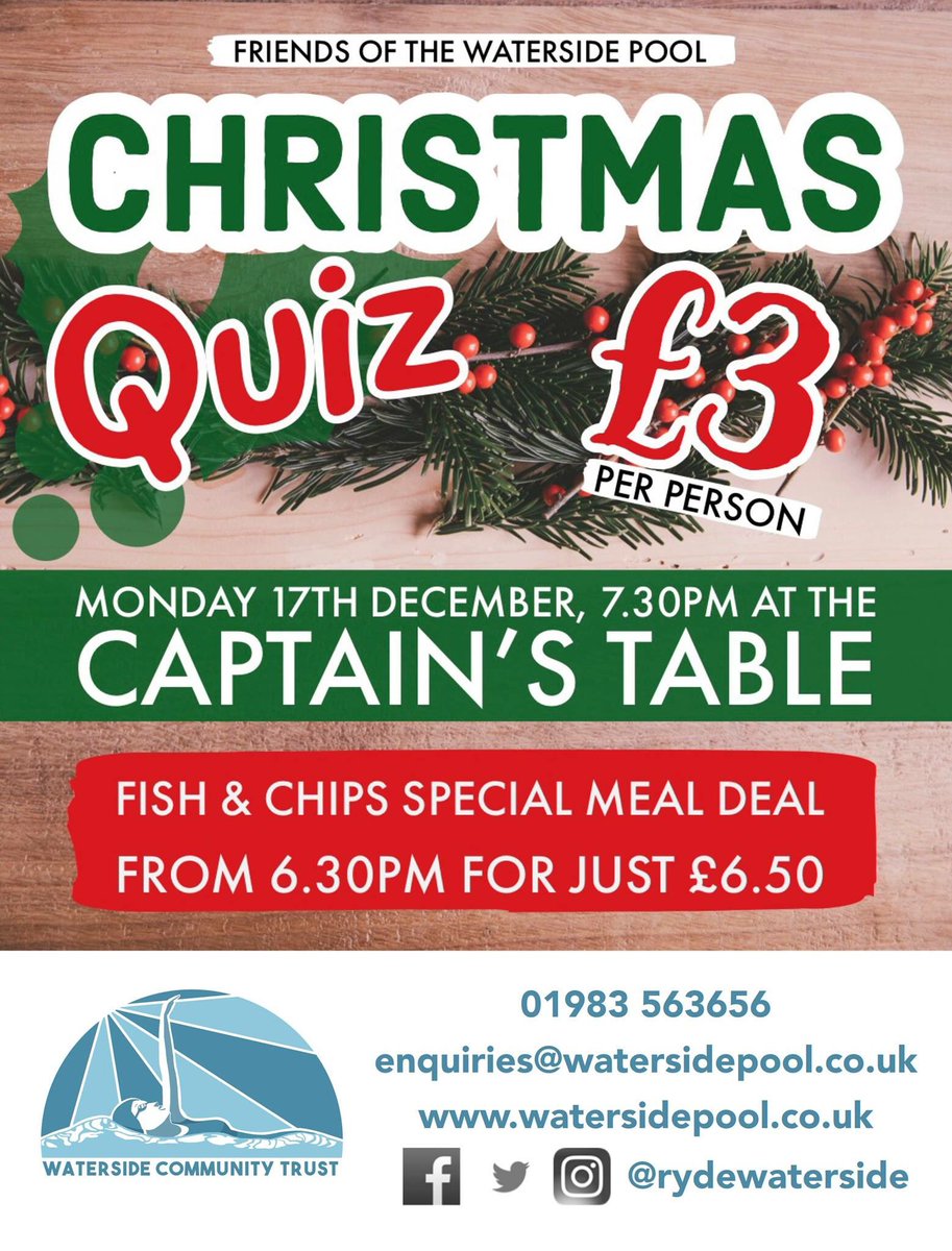 It’s quiz time ! The Friends of Waterside Pool are continuing their efforts to raise funds for the pool by holding a quiz on Monday 17th December, 7.30pm at the Captain's Table next to the Waterside Pool, price £3 per person. Our Christmas Raffle will also be drawn on the night.