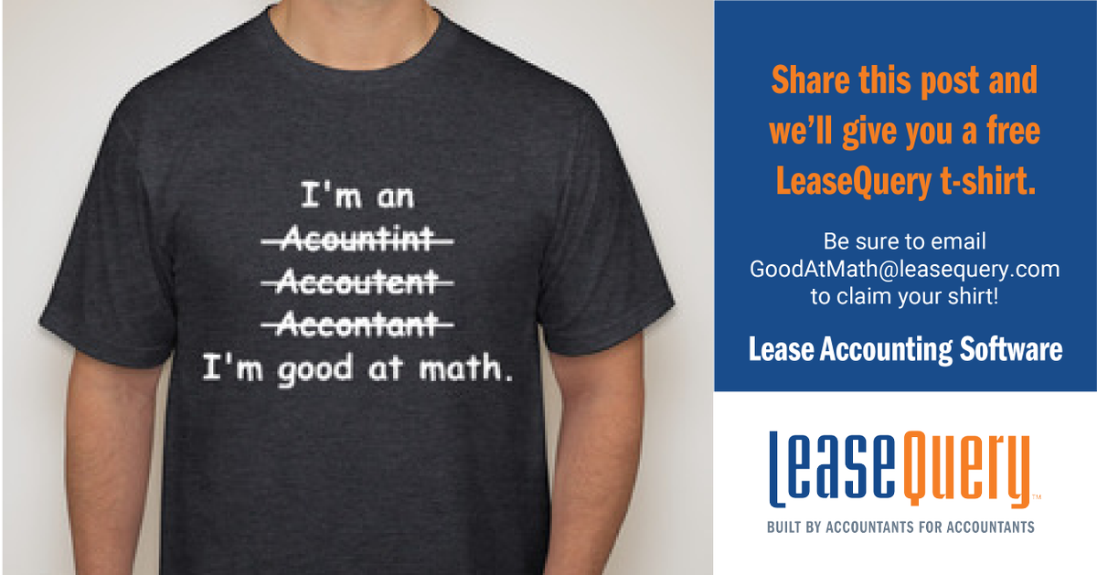 finquery_tech's tweet photo. Attention Accountants! We're giving away our FREE math-accounting LeaseQuery swag t-shirt! All you need to do is retweet this post and email us at GoodAtMath@leasequery.com to claim your t-shirt. https://t.co/2CEfv1LCkt