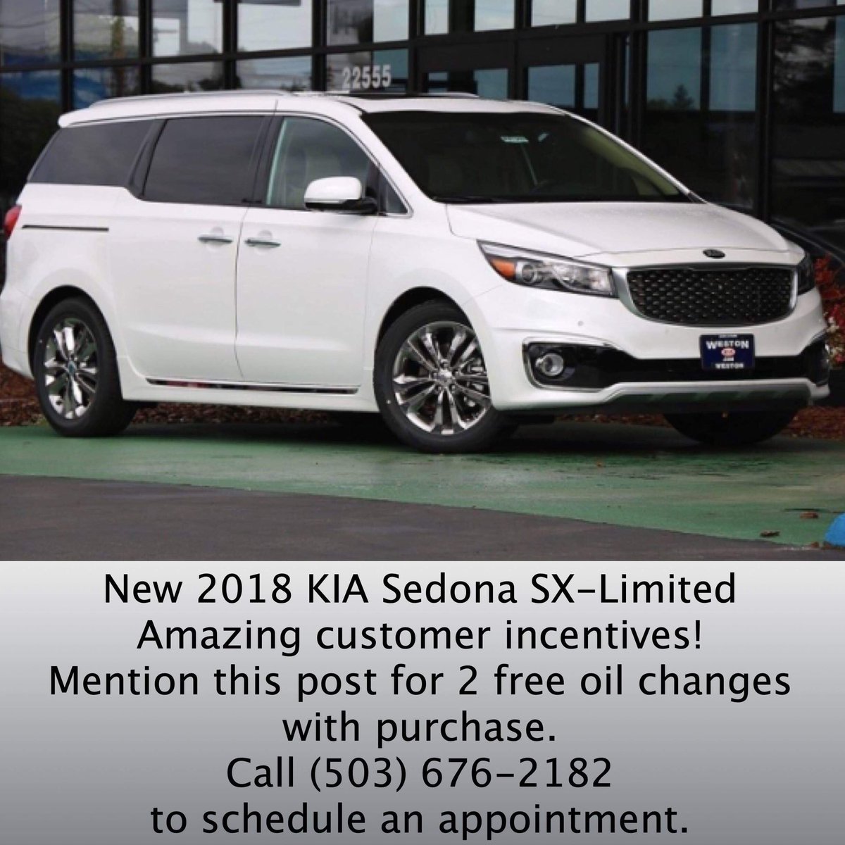 New 2018 KIA Sedona SX-L 
Amazing customer incentives!Mention this post to get 2 free oil changes with purchase.
#WestonKIA
22309 SE Stark St
#Gresham #Oregon
(503) 676-2182
#KIA #Sedona #KIASedona 
#EveryoneWinsAtWeston #PDX
#Portland #Vancouver #PNW