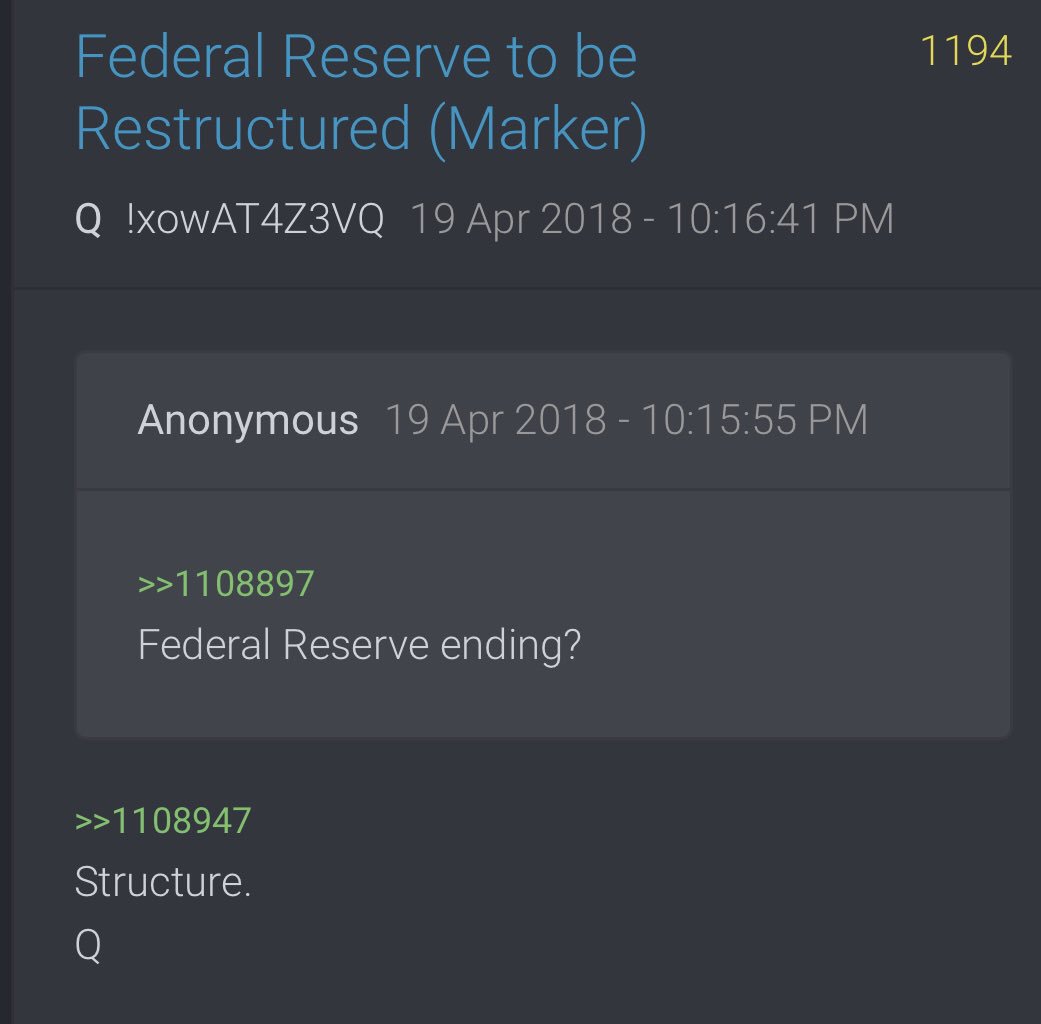 This did away with competition and they had been in the business long enough that the Payseur companies and bank and railroad were grandfathered in and could not be touched.Q1194. Federal Reserve Ending? Q replys. Structure.  @POTUS  #QArmy  #QAnon  #WWG1GWA  #PatriotsUnited
