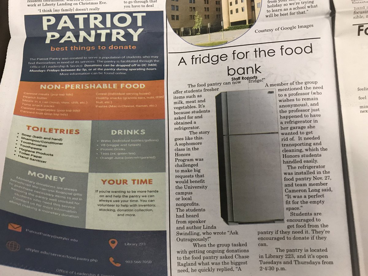 LorriAllenTV's tweet photo. The amazing @LindaSwindling tasked an Honors class to Ask Outrageously! And one result is in the latest issue of The Patriot. It's already helping the #uttyler Food Pantry! @BraelynnSeely @MyPSMP https://t.co/tHDLwQXwS0