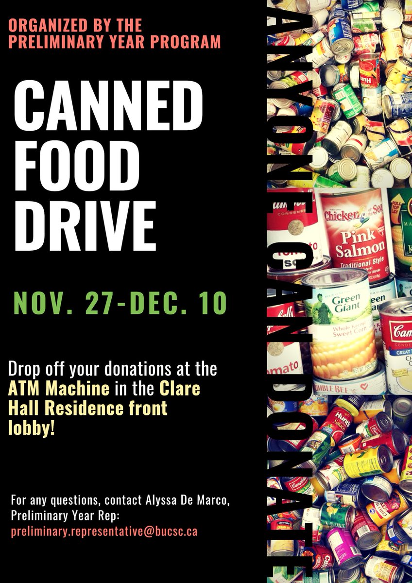 thebucsc's tweet photo. The drop off spot for the cans will be by the ATM machine by the reception desk in Clare Hall. If you have any questions please feel free to contact Preliminary Year Representative Alyssa De Marco via email at preliminary.representative@bucsc.ca
#bucsc #bresciacouncil #bresciauc https://t.co/Vvwt996gXr