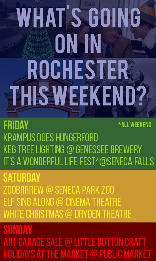 UpdegraffMgmt's tweet photo. What's going on in #RochesterNY this #Weekend? #ROC #FirstFriday #Krampus @thehungerford @GeneseeBrewery #KegTree #ItsAWonderfulLife #SenecaFalls @SenecaParkZoo #BuddyTheElf @CinemaRochester #WhiteChristmas @DrydenTheatre #LittleButtonCraft #PublicMarket  🎄🍻👼🌹❄️🐘🎅🎶👯‍♀️🌨️🎨💸 https://t.co/gNSDiM9q9c