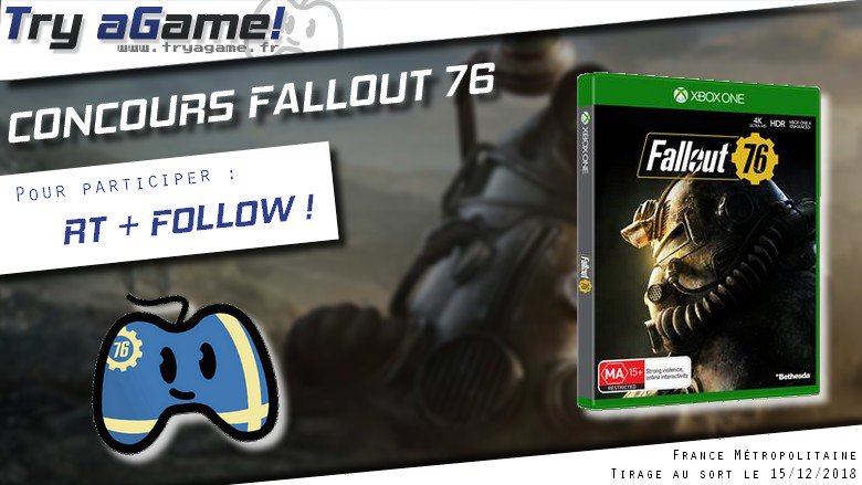 TryAGame's tweet photo. ‼️Alerte #CONCOURS 🎁

Tente de gagner ton exemplaire de #fallout76 sur #Xbox

🔄 RT ce tweet
➡️ Follow @TryAGame

Tirage le samedi 15 décembre 

Bonne chance à tous 🍀🍀🍀 https://t.co/YXqywgYvzh