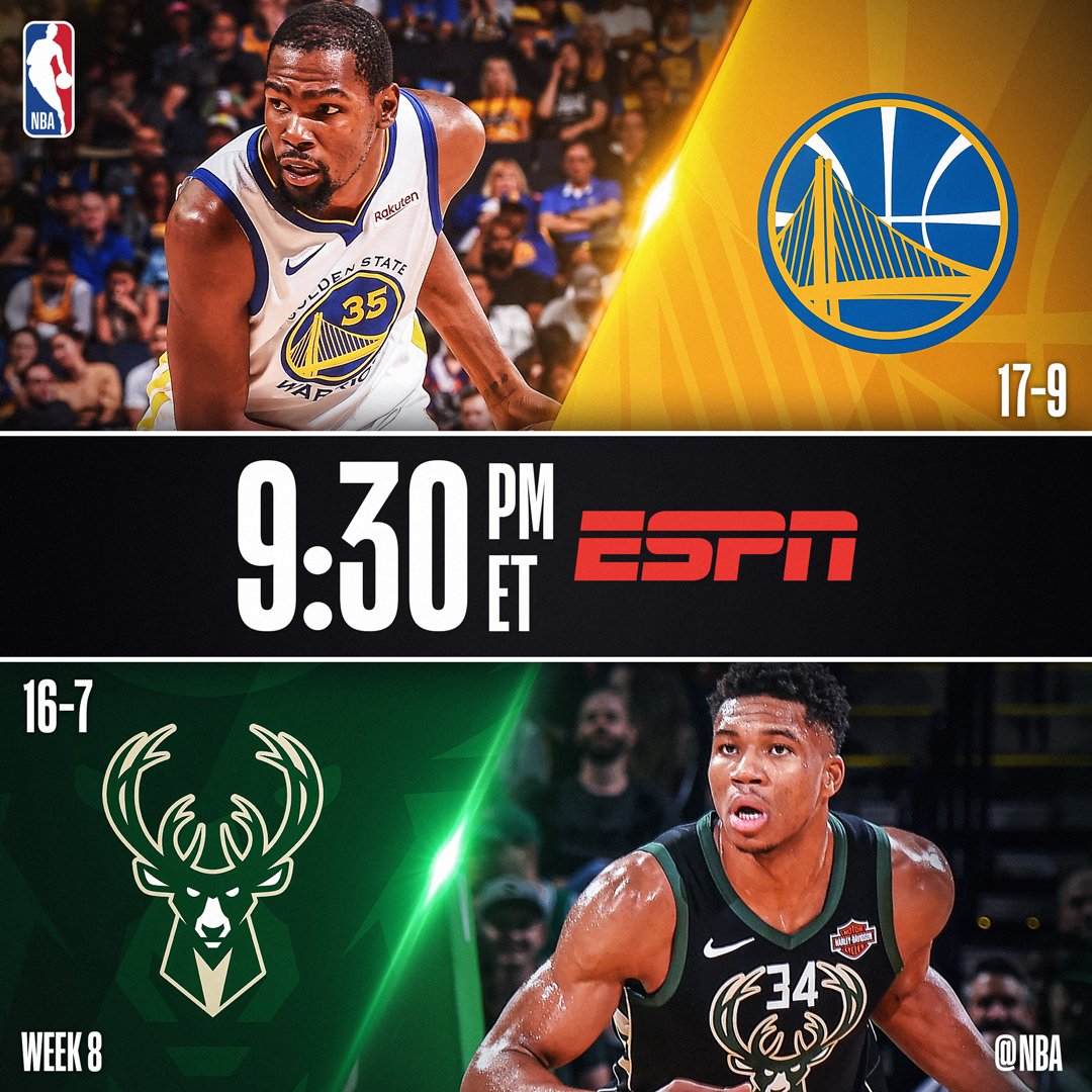 NBA's tweet photo. Tonight’s @ESPNNBA action features...

7:00pm/et: @sixers x @DetroitPistons 
9:30pm/et: @warriors x @Bucks https://t.co/P5M84B6QX5