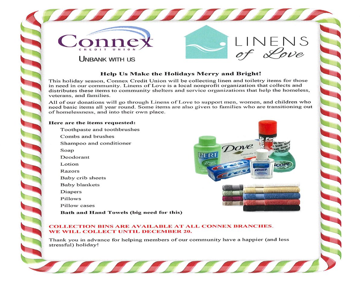 LinensOfLove's tweet image. This holiday season, we are excited to announce that Connex Credit Union will be collecting linens and toiletry items for Linens of Love! They will have a Linens of Love donation at each of their CT sites. Please see attached flyer for more details!!!