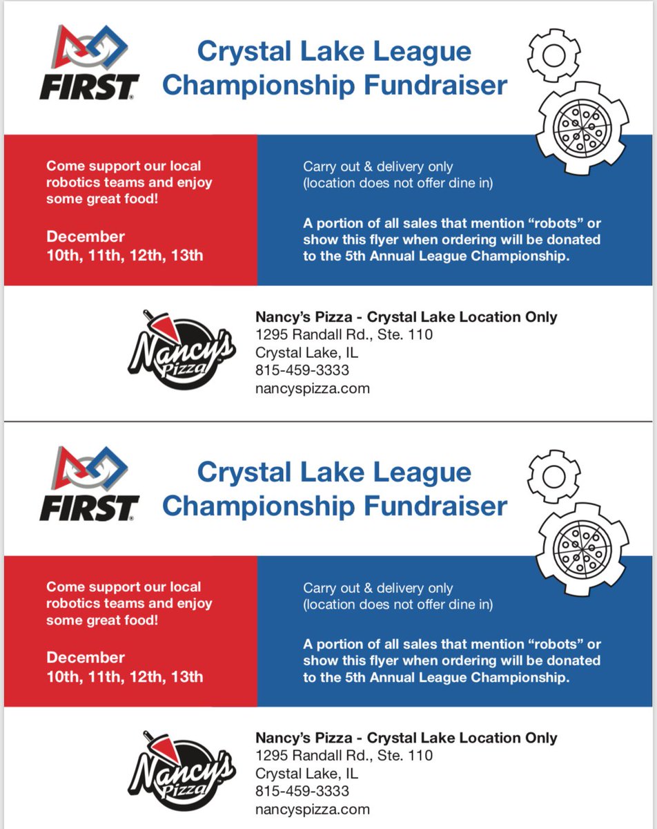 Our parent organization is holding a fundraiser with Nancy's Pizza in Crystal Lake to support the 2019 Crystal Lake League Tournament.  If you live within delivery or carryout distance of the Crystal Lake location, see the attached flyer for more information.